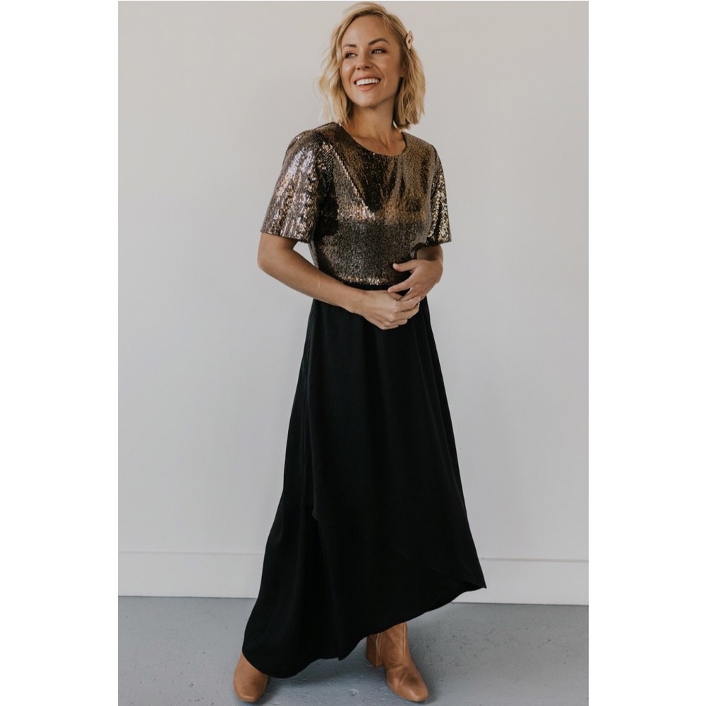 Roolee Annette Gold Sequin Black Party Maxi Dress sz XS